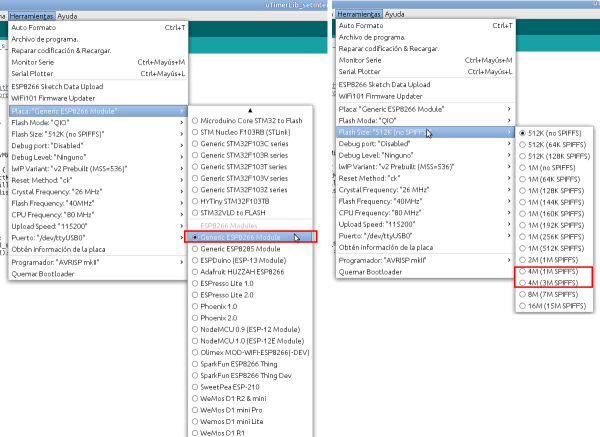 ESP8266 ESP12 en Arduino IDE paso a paso - Seleccionar placa y SPIFFS