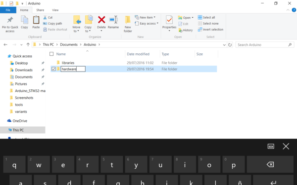 STM32 en Arduino IDE 07 - Si no existe, crear la carpeta hardware dentro de Mis Documentos -- Arduino
