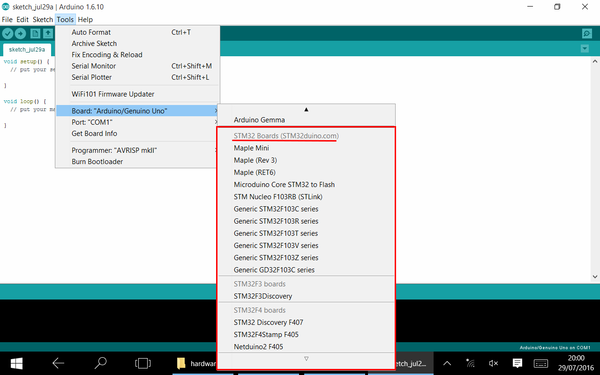 STM32 en Arduino IDE 09 - Tras reiniciar Arduino IDE tenemos las placas STM32 disponibles