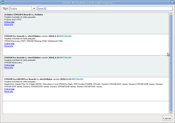 STM32 en Arduino IDE 07 - Ventana Boards Manager - instalado