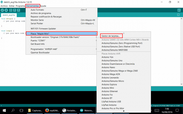 DigiSpark AVR en Arduino IDE 04 - Ir a Herramientas - Placa - Gestor de tarjetas.png