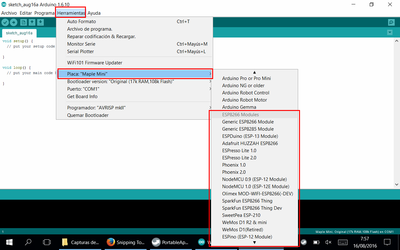 ESP8266 en Arduino IDE 08 - Módulos disponibles en Herramientas - Placa